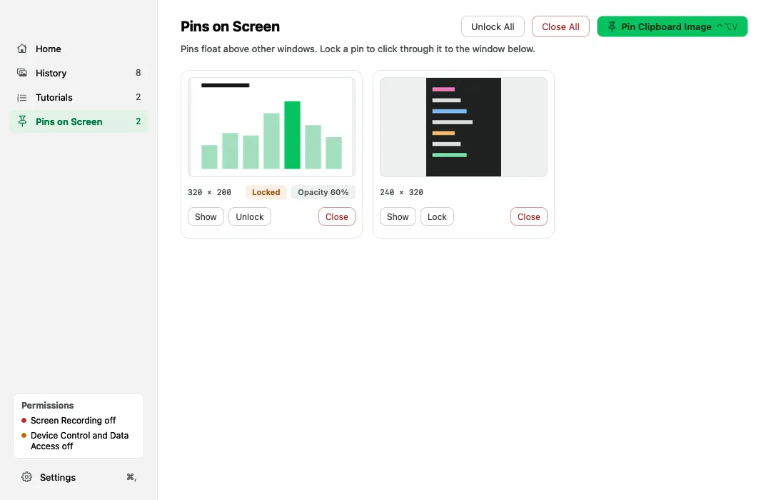 NeatShot's Pins on Screen page